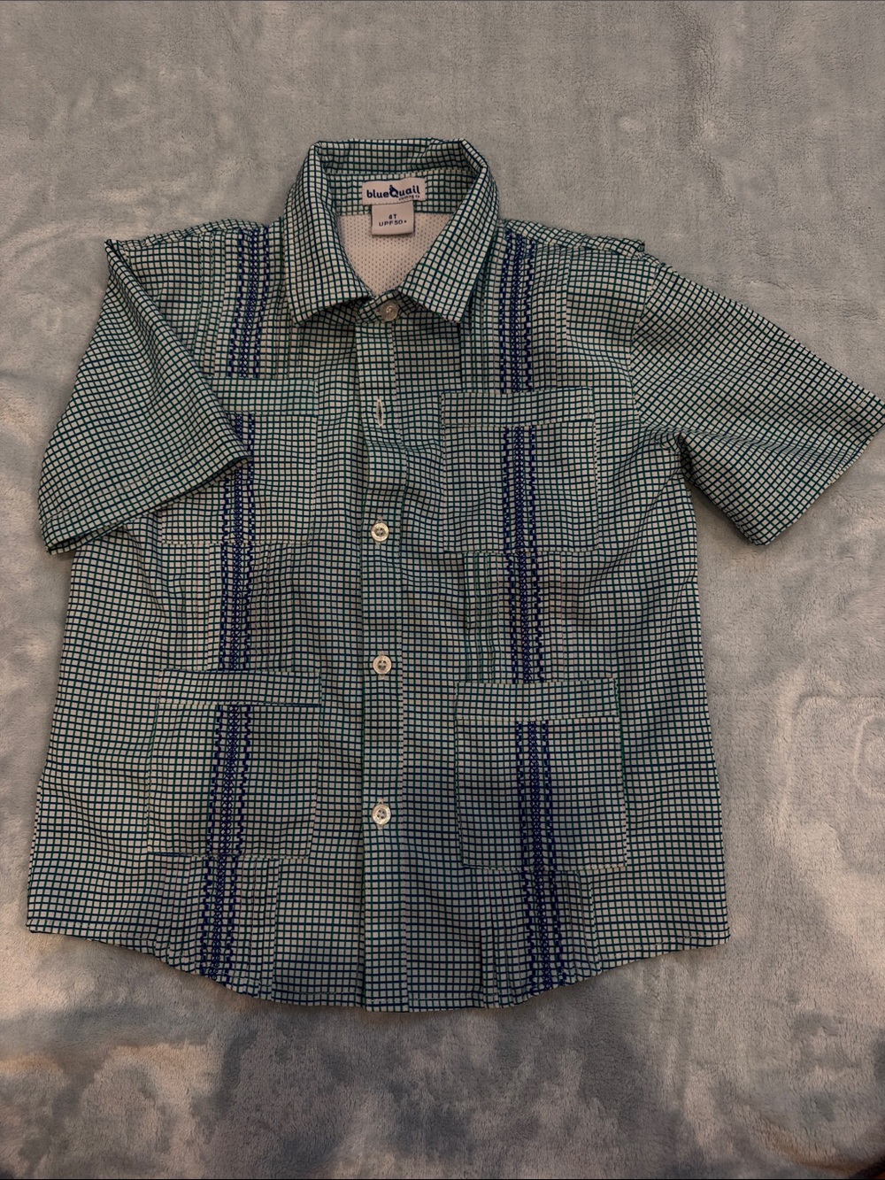 Blue Quail Green and Blue Check Short-Sleeve Button-Down Shirt Guayabera 4t